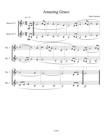 Amazing Grace French Horn Duet Sheet Music