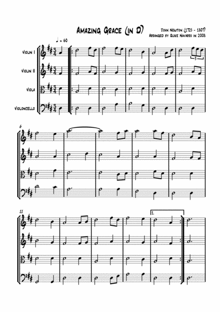 Amazing Grace In D String Quartet Sheet Music