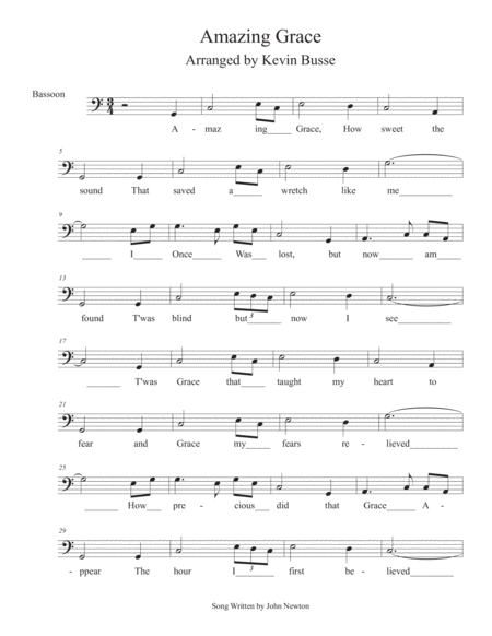 Amazing Grace In The Easy Key Of C Bassoon Sheet Music