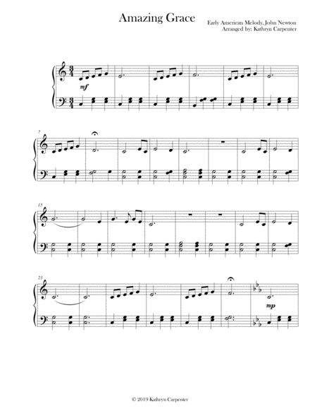 Amazing Grace Intermediate Piano Level 2b Or 3a Sheet Music