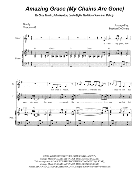Free Sheet Music Amazing Grace My Chains Are Gone Duet For Soprano Tenor Solo