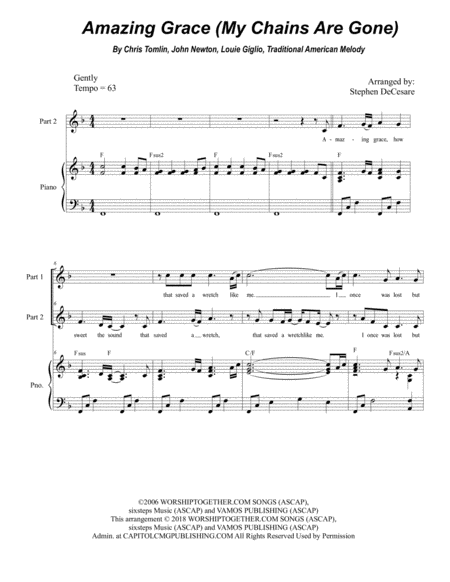 Free Sheet Music Amazing Grace My Chains Are Gone For 2 Part Choir