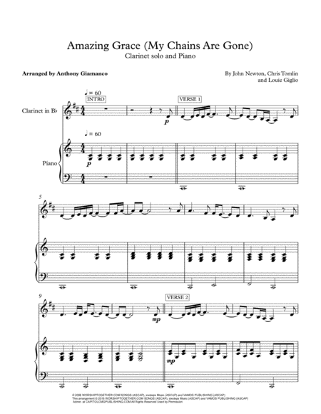 Free Sheet Music Amazing Grace My Chains Are Gone For Clarinet Solo And Piano