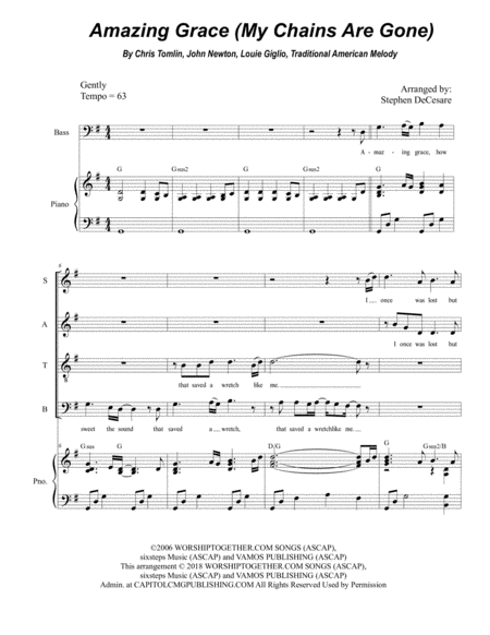 Free Sheet Music Amazing Grace My Chains Are Gone For Satb