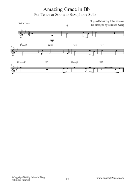 Amazing Grace Tenor Or Soprano Saxophone Concert Key Sheet Music