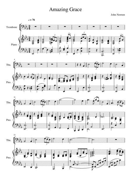 Amazing Grace Trombone Bass Clef Solo Sheet Music