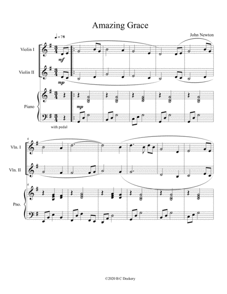 Amazing Grace Violin Duet With Optional Piano Accompaniment Sheet Music