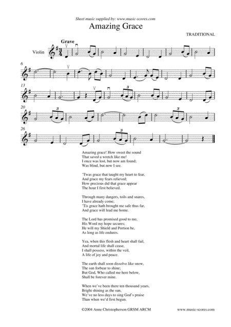 Amazing Grace Violin Solo Optional Words Sheet Music