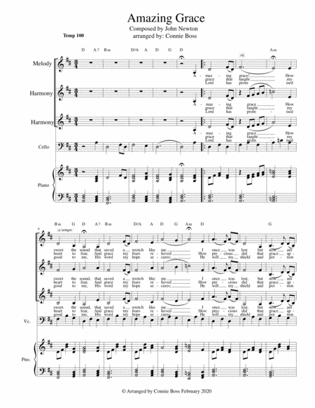 Free Sheet Music Amazing Grace Vocal Trio Cello And Piano In Key Of D Lower Range