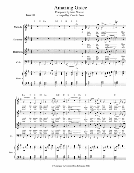 Free Sheet Music Amazing Grace Vocal Trio Cello And Piano In Key Of G Higher Range