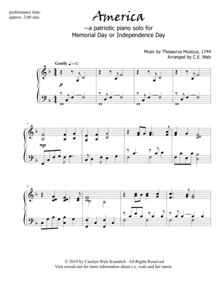 America A Patriotic Piano Solo For Memorial Day Or Independence Day Sheet Music