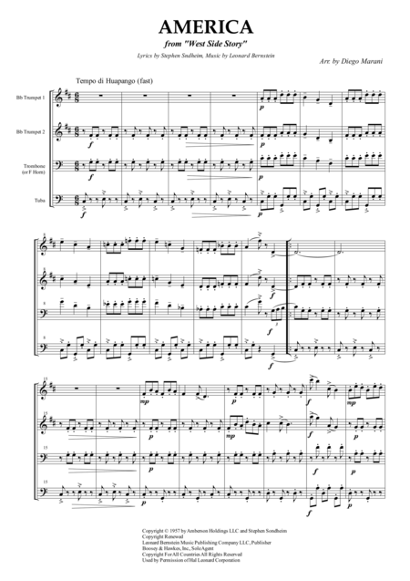 America From West Side Story For Brass Quartet Sheet Music