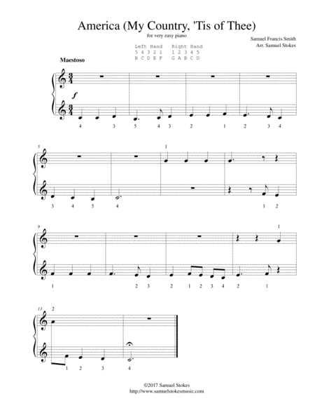 America My Country Tis Of Thee For Very Easy Piano Sheet Music