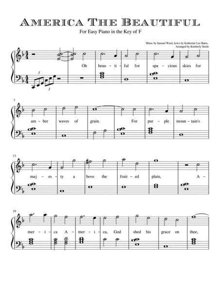 America The Beautiful For Easy Piano Level 3 In The Key Of F Major Sheet Music