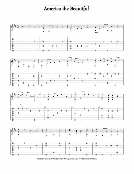 America The Beautiful For Fingerstyle Guitar Tuned Dadgad Sheet Music