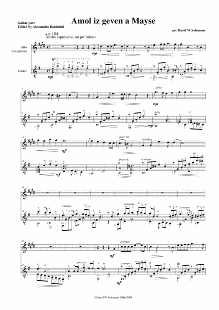 Free Sheet Music Amol Iz Geven A Mayse There Was Once A Tale For Alto Saxophone And Guitar