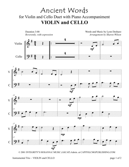 Free Sheet Music Ancient Words For Violin And Cello Duet With Piano Accompaniment