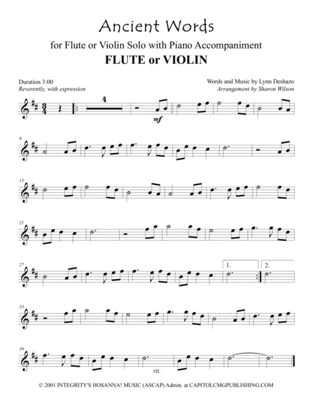 Ancient Words For Violin Or Flute Solo With Piano Accompaniment Sheet Music