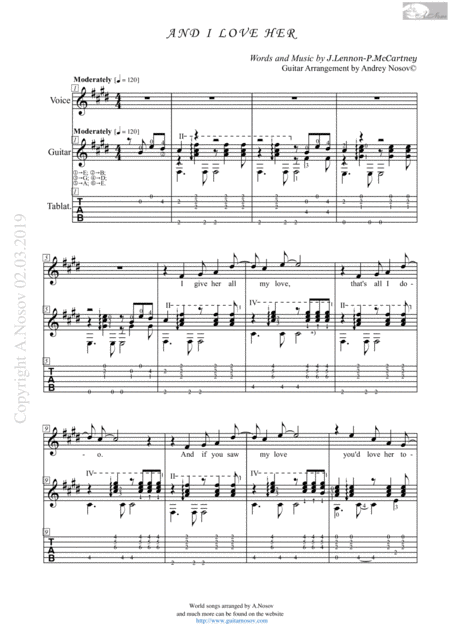 Free Sheet Music And I Love Her Sheet Music For Vocals And Guitar