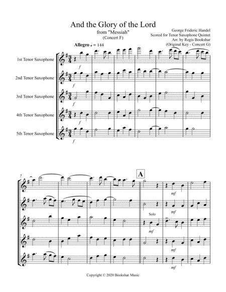 And The Glory Of The Lord From Messiah F Tenor Saxophone Quintet Sheet Music