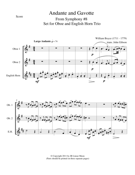 Andante And Gavotte By William Boyce For Oboe Trio Sheet Music