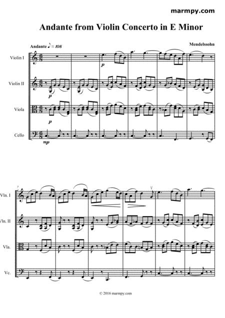 Free Sheet Music Andante From Violin Concerto By Mendelssohn Arranged For String Quartet