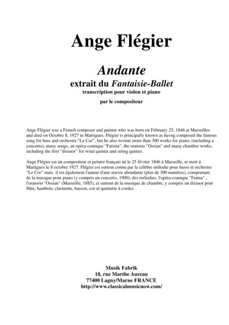 Free Sheet Music Ange Flgier Andante From The Fantaisie Ballet For Violin And Piano