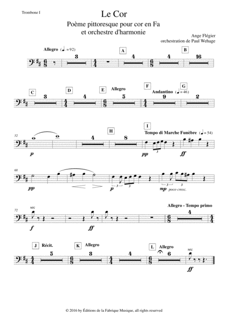 Ange Flgier Le Cor For Solo Horn And Concert Band Trombone 1 Part Sheet Music