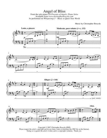 Angel Of Bliss Piano Solo By Christopher Boscole Sheet Music