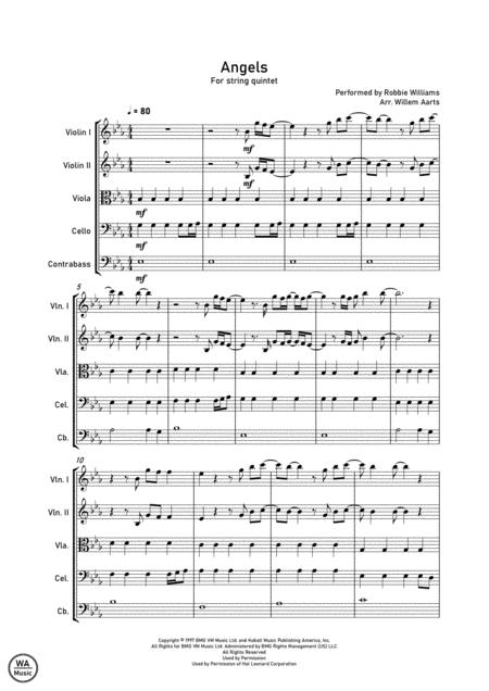 Angels By Robbie Williams String Quintet Sheet Music