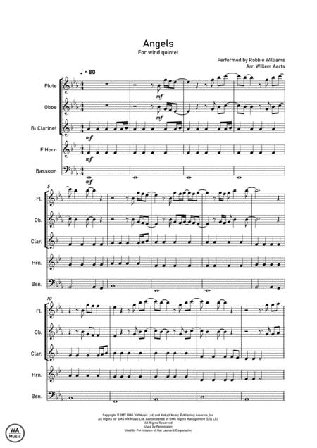 Angels By Robbie Williams Woodwind Quintet Sheet Music