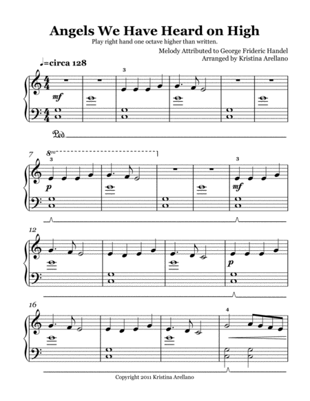 Angels We Have Heard On High Elementary Piano Solo Sheet Music