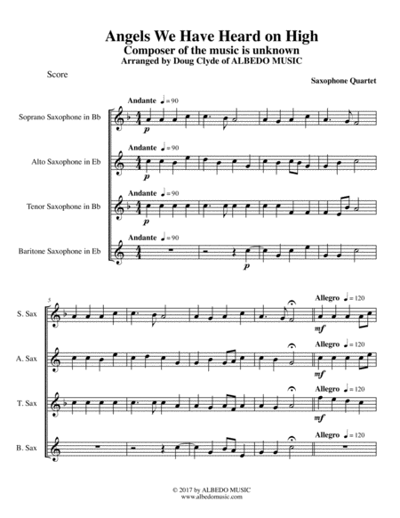 Free Sheet Music Angels We Have Heard On High For Saxophone Quartet