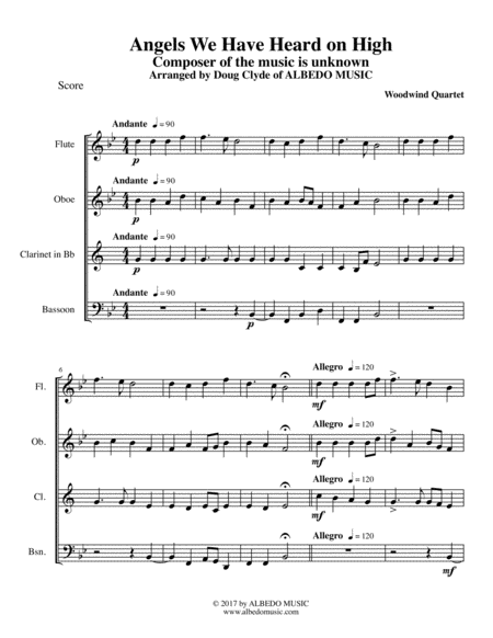 Angels We Have Heard On High For Woodwind Quartet Sheet Music