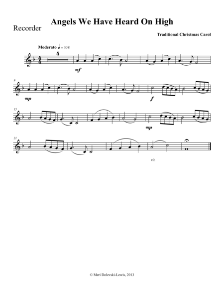 Angels We Have Heard On High Recorder Piano Sheet Music