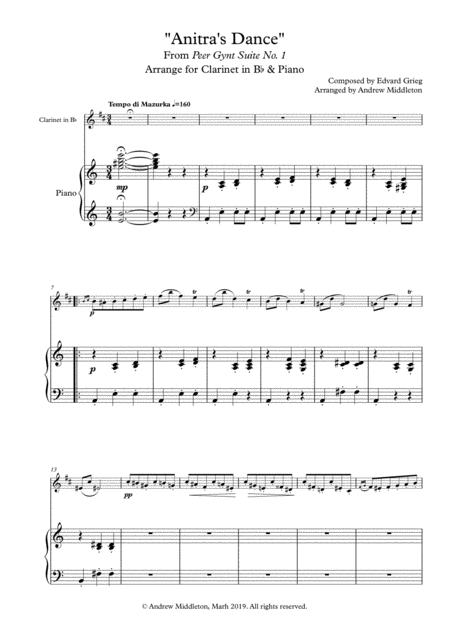 Free Sheet Music Anitras Dance From Peer Gynt Arranged For Clarinet And Piano