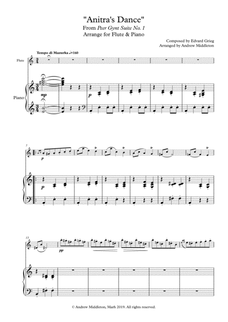 Free Sheet Music Anitras Dance From Peer Gynt Suite No 1 Arranged For Flute And Piano