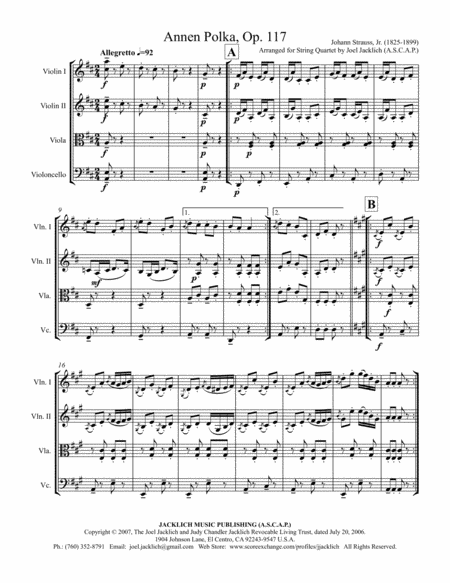 Annen Polka Op 117 String Quartet Sheet Music