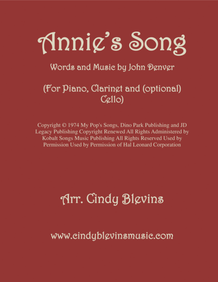 Free Sheet Music Annies Song Arranged For Piano Clarinet And Optional Cello