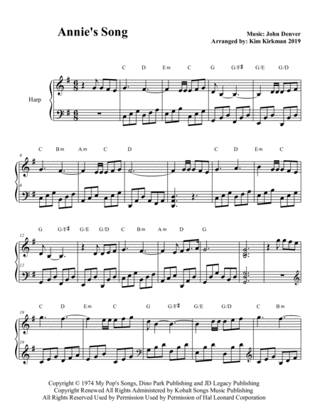 Annies Song By John Denver In G For Solo Harp Sheet Music