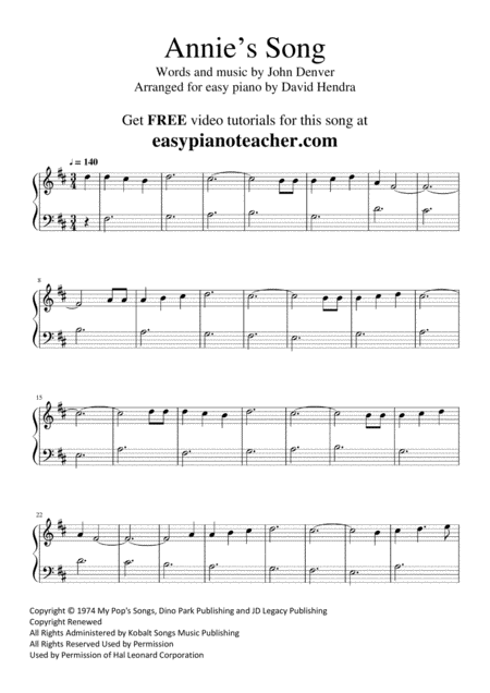 Annies Song By John Denver Very Easy Piano With Free Video Tutorial Sheet Music