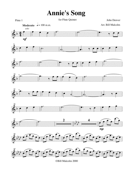 Annies Song For Flue Quintet Sheet Music