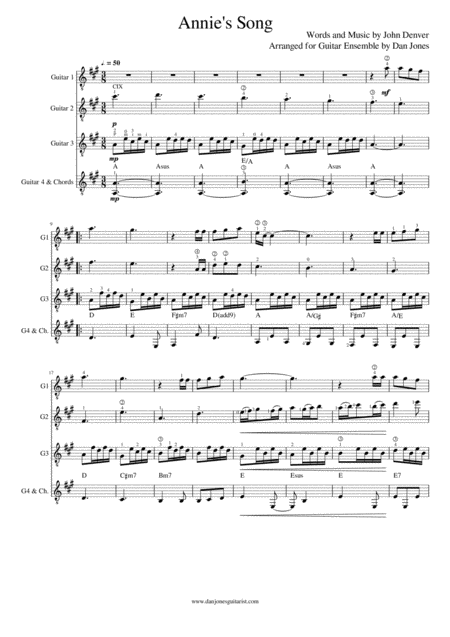 Free Sheet Music Annies Song For Guitar Quartet