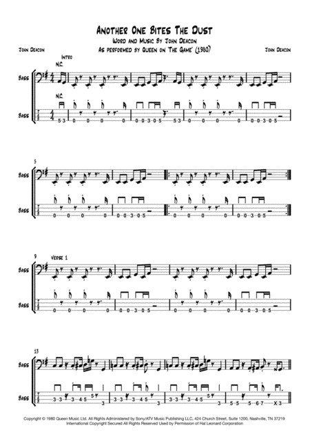 Another One Bites The Dust Bass Transcription With Tab Sheet Music