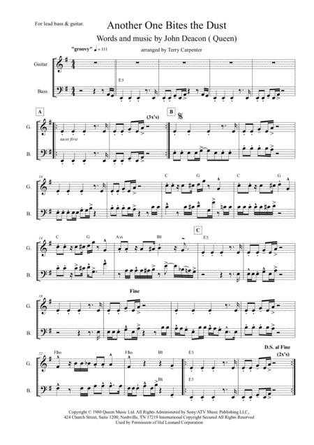 Free Sheet Music Another One Bites The Dust Queen For Lead Bass Guitar