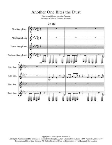 Another One Bites The Dust Sax Quartet Sheet Music