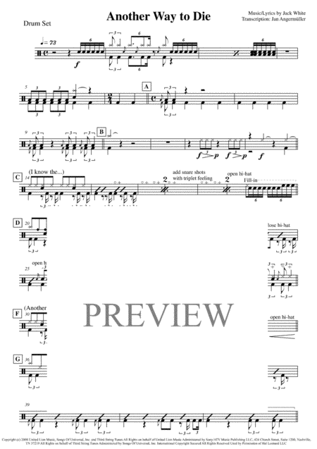 Another Way To Die Drum Set Transcription Of Original Recording For James Bond Sheet Music