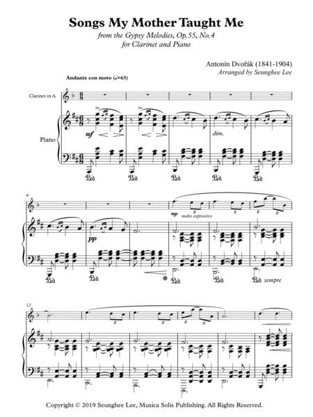 Antonin Dvorak Songs My Mother Taught Me For Clarinet And Piano Arr Seunghee Lee Sheet Music