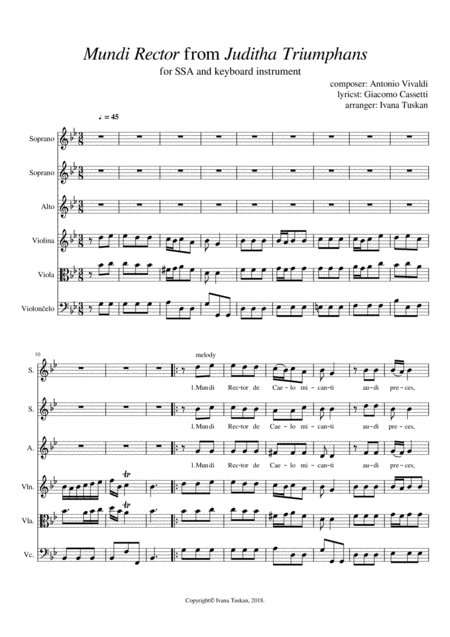 Antonio Vivaldi Mundi Rector For Ssa And String Trio G Minor Sheet Music
