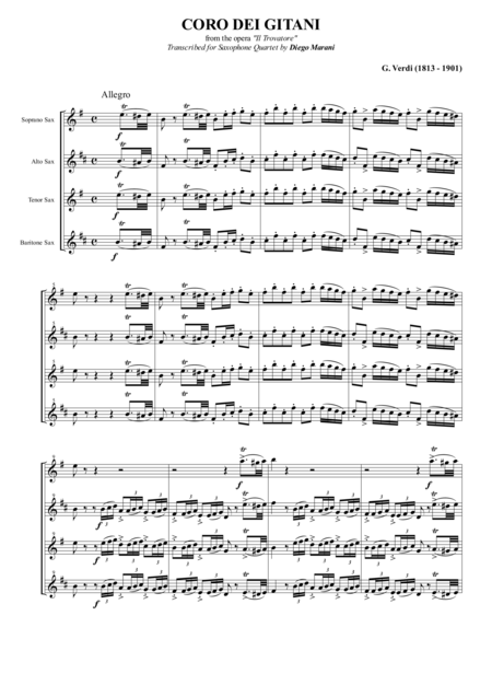 Anvil Chorus From The Opera Il Trovatore For Saxophone Quartet Satb Sheet Music